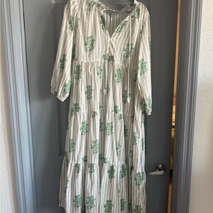 Tuckernuck White and Green Tiered Sundress with Bishop Sleeves